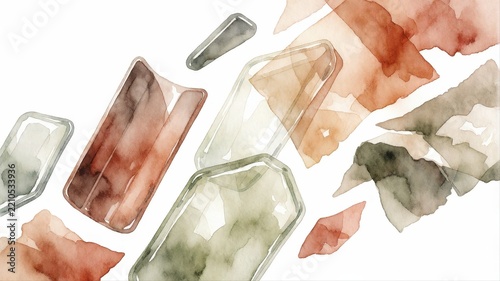 Abstract watercolor background with geometric glass fragments in earthy tones