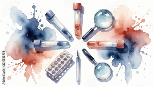 Scientific Laboratory Equipment with Test Tubes Magnifying Glass and Dropper