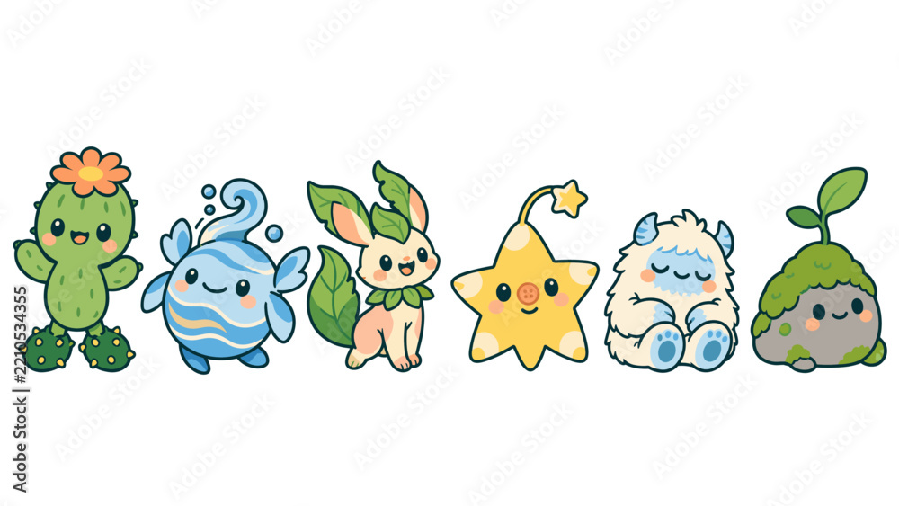 Fototapeta premium Cute fantasy character set with plants and a smiling star