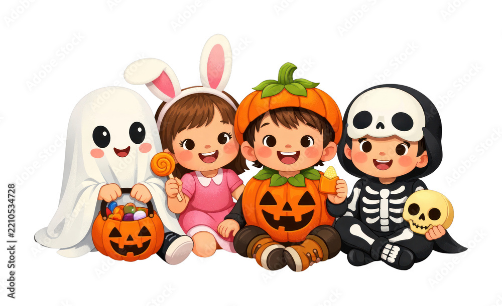 Obraz premium PNG Cute kids in Halloween costumes with candy buckets.