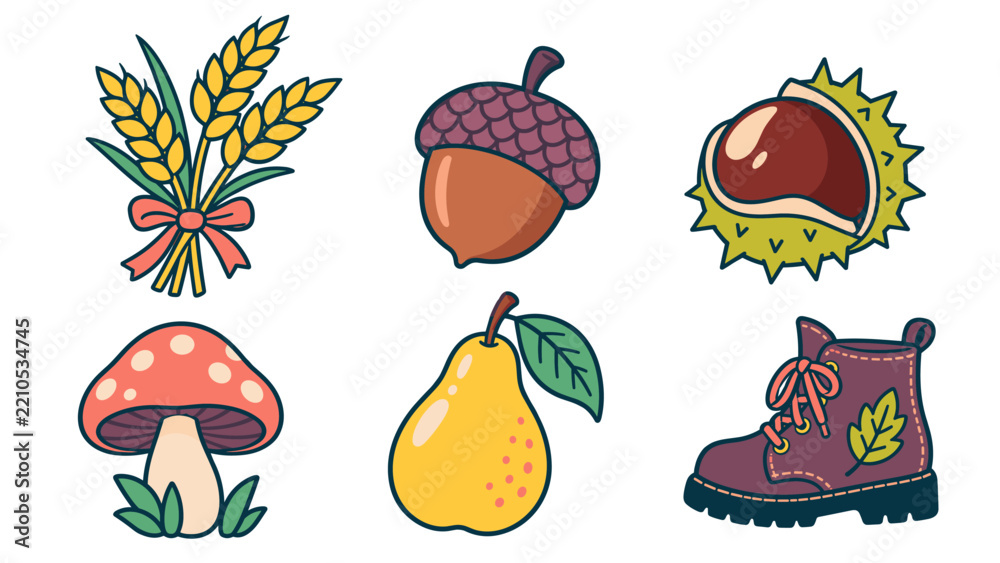 Fototapeta premium Hand drawn autumn clipart set with wheat acorn and chestnut