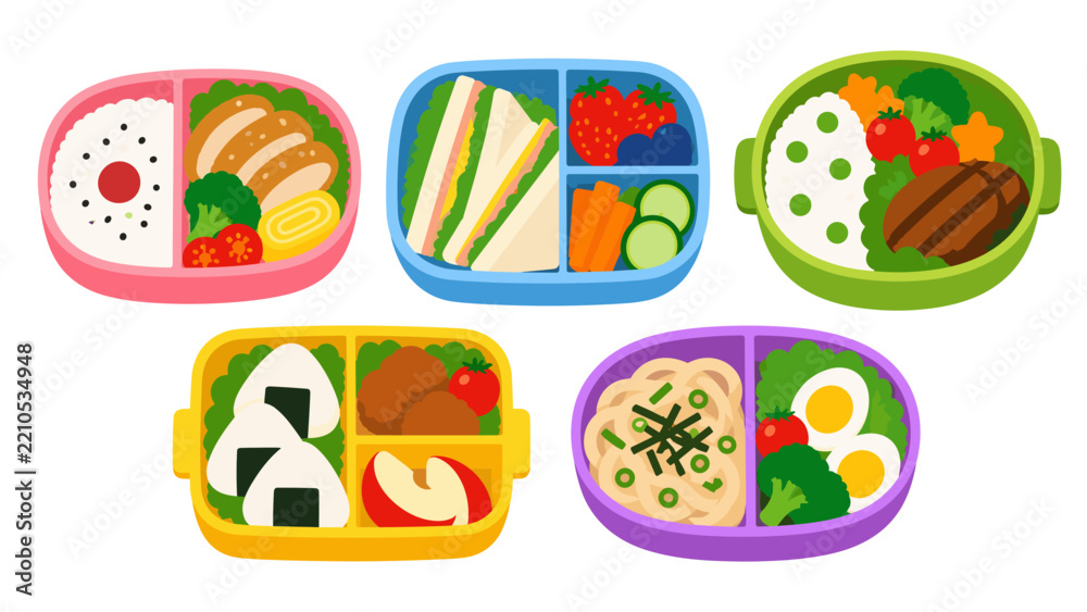 Fototapeta premium Set of colorful bento lunch boxes filled with assorted meals