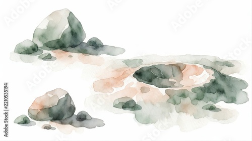 Artistic watercolor landscape with rocks and subtle earth tones on textured paper