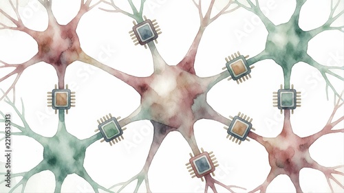 Artistic Illustration of Neurons with Integrated Microchip Components in Nervous System