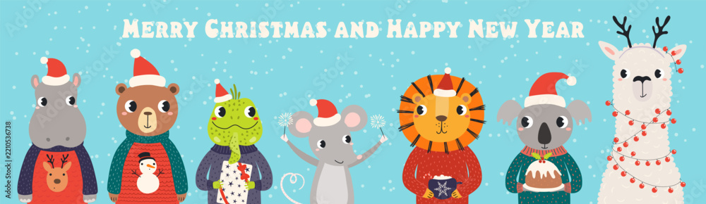 Obraz premium Cute animals in Santa Claus hats celebrating Christmas, with tree, sparklers, pudding, gifts illustration. Cartoon characters. Holiday kids print, design elements for card, banner. Hand drawn vector