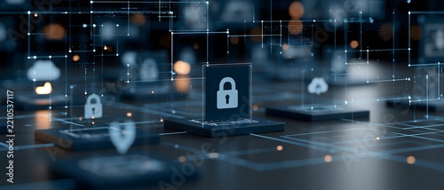 Future enterprise cybersecurity concept combining AI defense, Zero Trust identity protection, cloud security, encrypted data and autonomous monitoring, expansive connected digital ecosystem,