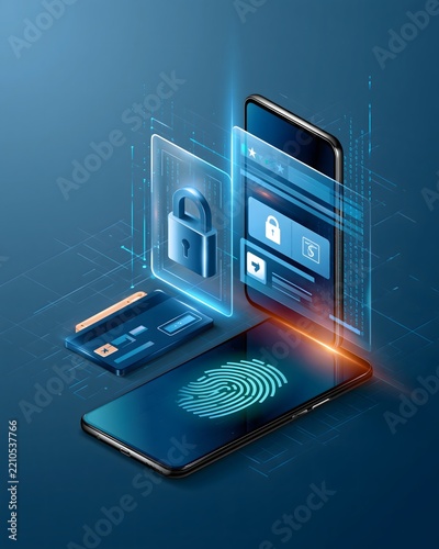 Biometric payment security concept featuring smartphone fingerprint authentication, secure digital wallet and encrypted transaction interface, sophisticated futuristic financial technology environment