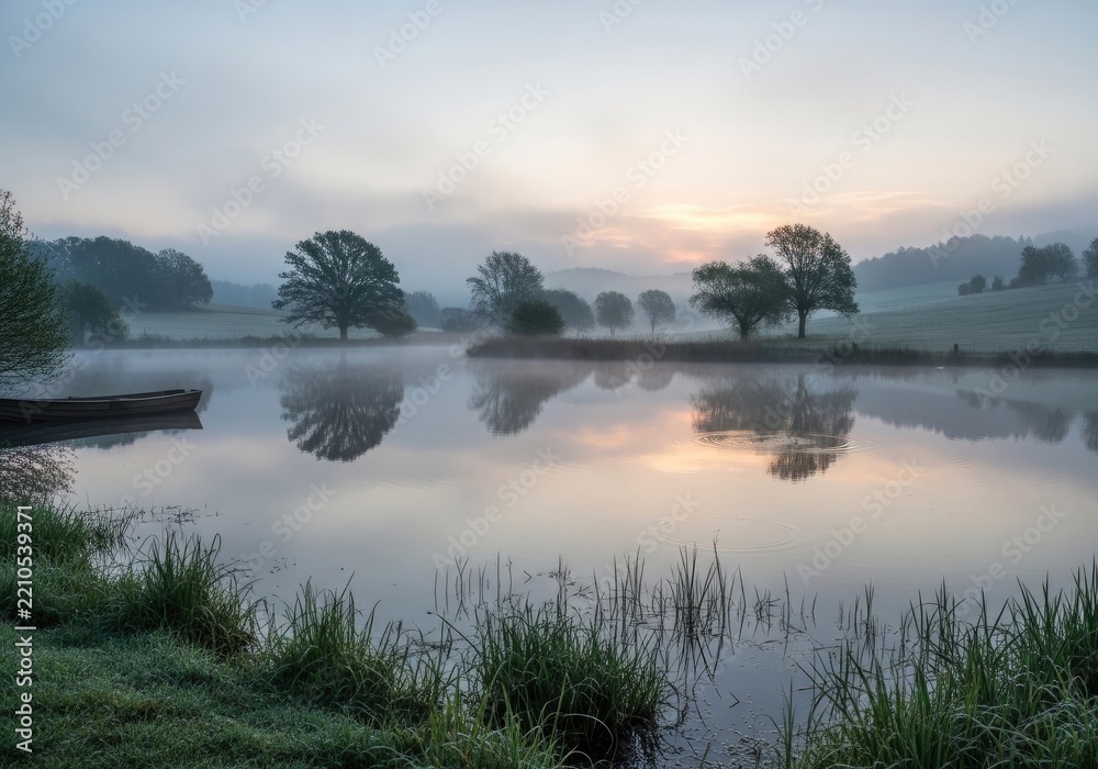 Fototapeta premium Rowboat on shore of misty reflecting lake.
