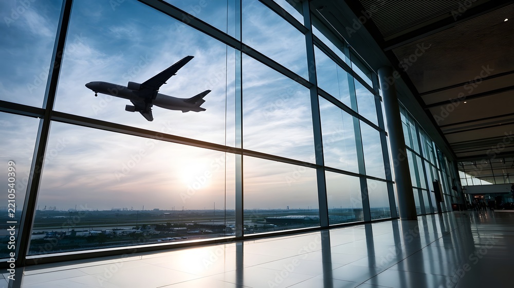 Fototapeta premium An airplane takes off against a twilight sky viewed through the glass facade of a modern airport terminal