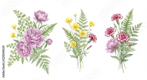 Watercolor illustration set of three decorative floral bouquets featuring purple peonies and yellow wildflowers with green fern leaves watercolor flowers greenery