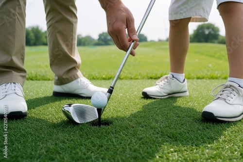 Pro golf coach helps young boy improve swing technique on green grass. Male instructor guides junior student during golf lesson. Close up of golf club, ball, hole on putting green. Child learns sport