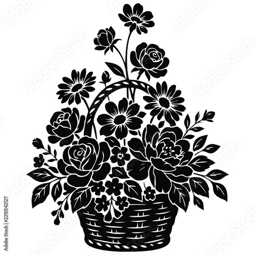 Wicker basket filled with blooming roses and daisies black silhouette for garden projects.