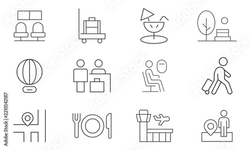Set of twelve thin line travel and airport icons featuring luggage handling, terminal seating, flight boarding, navigation pins, and dining services for web design projects.