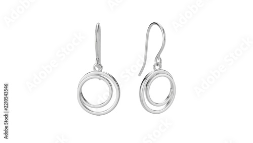 Pair of elegant silver double hoop dangle earrings, isolated on transparent background