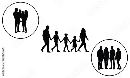 Silhouette collection showing diverse family dynamics including parents holding hands with children in separate grouping circles.