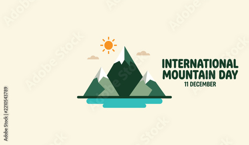 International Mountain Day banner with minimalist green mountain lake reflection small sun and text for December 11 vector illustration