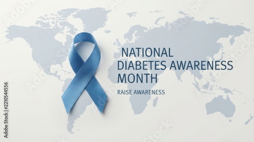 Blue diabetes awareness ribbon on world map for National Diabetes Awareness Month