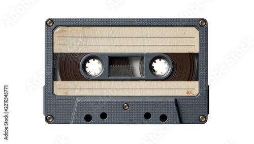 Vintage grey cassette tape with beige label, isolated on transparent background