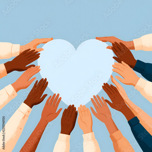 Diverse Helping Hands Around Heart Shape, Community Support and Solidarity Illustration