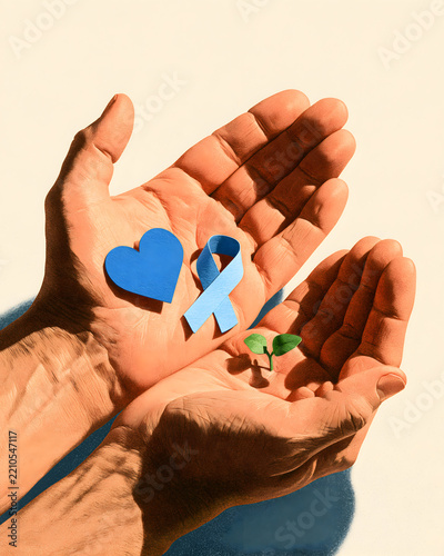 Hands Holding Blue Awareness Ribbon, Heart and Seedling for Men's Health Support