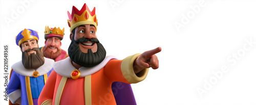 Three Wise Men as stylized 3D characters, one king pointing forward with two companions behind, isolated on white background with copy space for Three Kings Day and Epiphany. 