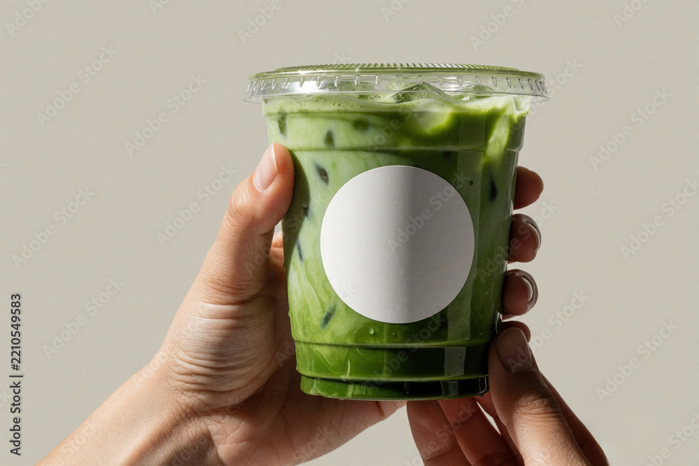 Naklejka premium Close up of person holding iced matcha green tea latte in plastic cup. Hand holds takeaway beverage with blank white round label for logo mockup. Minimalist drink on neutral background for cafe