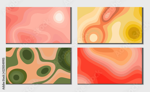 Set of four abstract contour backgrounds with organic flowing layers in coral, yellow, olive green and red tones, suitable for posters, branding, packaging and editorial design.