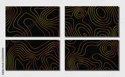 Abstract topographic contour lines in warm yellow, orange, and red tones on a black background, arranged as four decorative panels for modern design projects
