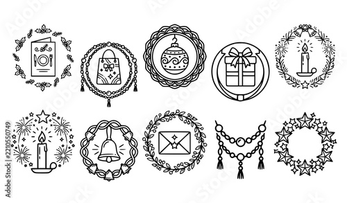 Festive Holiday Decoration Circular Icon Collection Vector