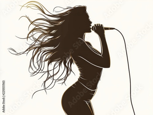 Silhouette of Woman Singer with Long Wavy Hair Singing into Microphone