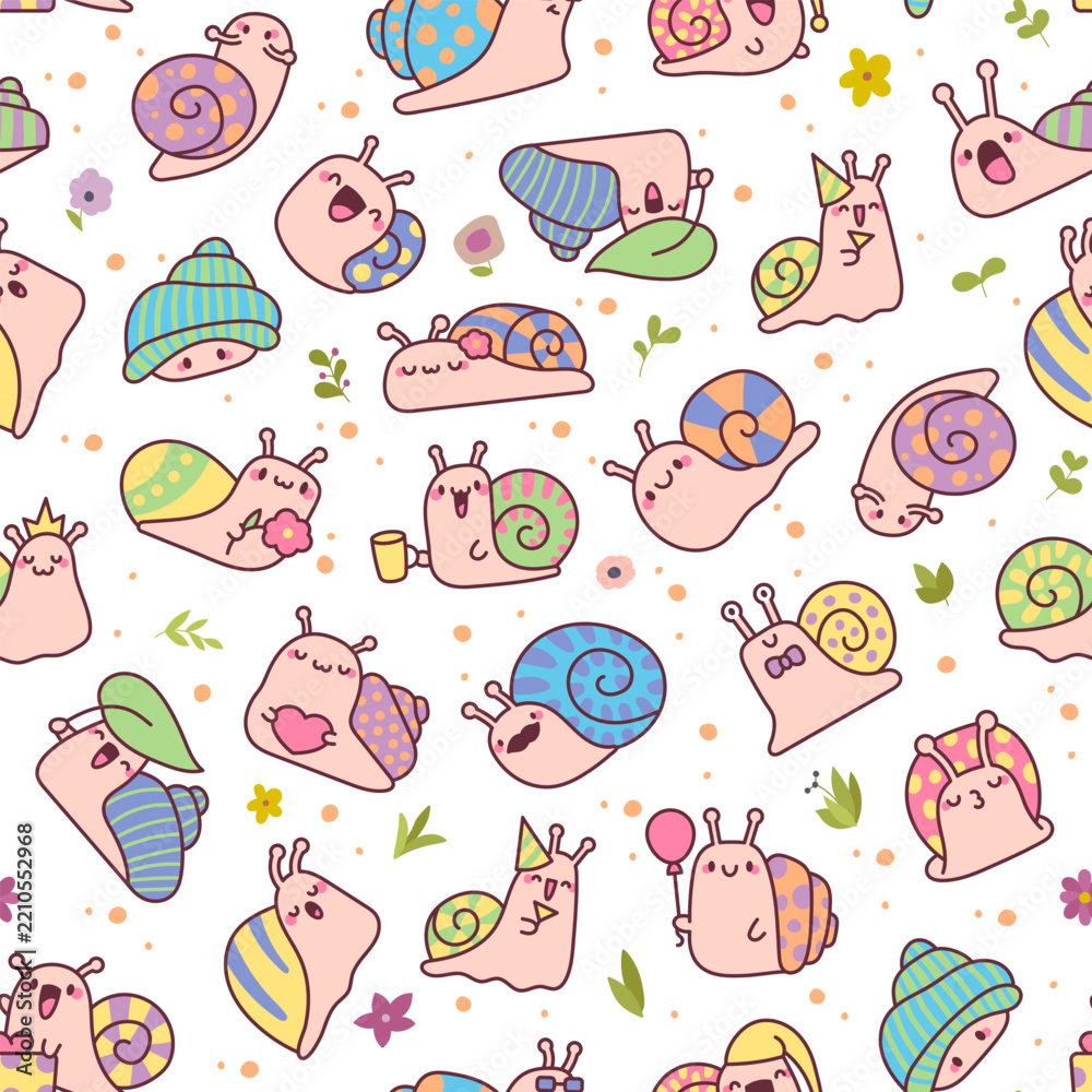 Obraz premium Cute snail seamless pattern set featuring flower leaf crown balloon heart bow tie mug nightcap party hat mustache mollusk animal