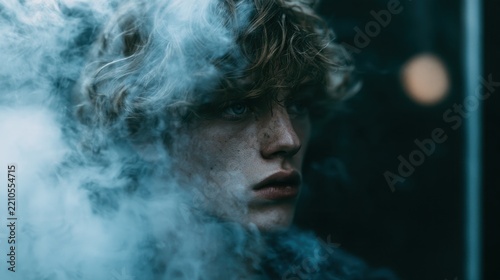 Close-up portrait of young person with curly hair surrounded by thick smoke in dark moody atmosphere, intense gaze, artistic photography