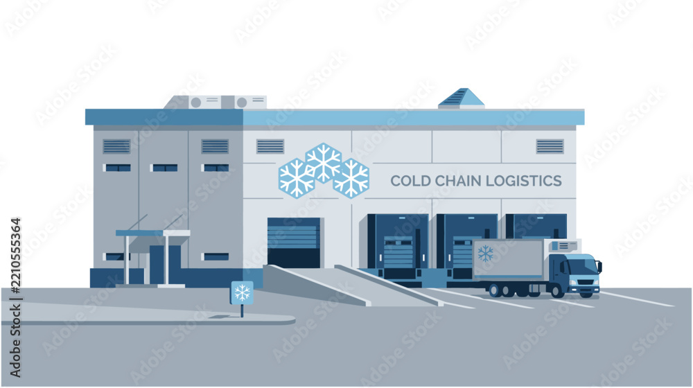 Fototapeta premium Cold Chain Logistics Warehouse Building with Refrigerated Truck at Loading Dock Flat Vector Illustration