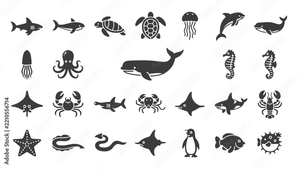 Obraz premium A comprehensive set of black silhouette sea animals and marine life icons, including sharks, whales, turtles, jellyfish, and crabs.