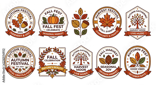 Autumn festival badges and vintage fall harvest logo labels feature warm orange leaves and acorns arranged neatly across a white surface.