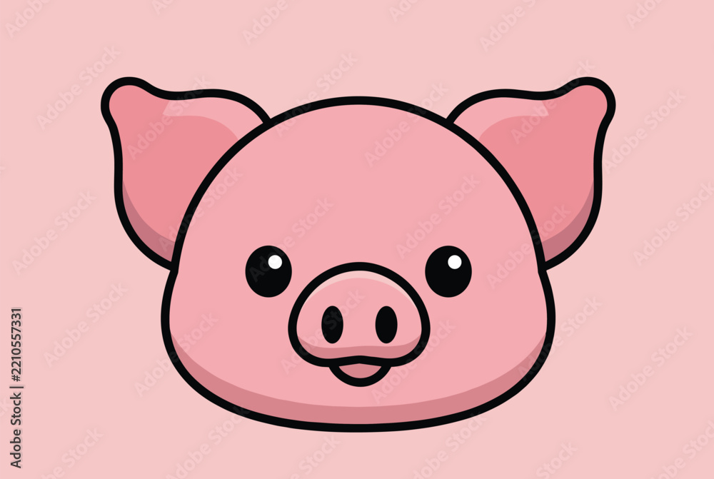 Fototapeta premium Adorable portrait of a cute smiling pink pig face with large black eyes, set against a pastel pink background.