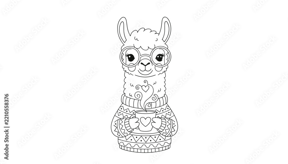 Obraz premium A charming black and white coloring page illustration of an adorable alpaca wearing round glasses and a patterned sweater holding a hot drink.