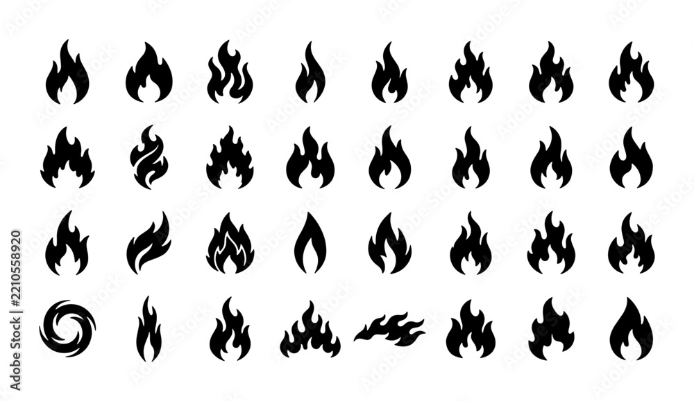Fototapeta premium Fire flame icons set with various shapes for heat and energy concepts, graphic resources