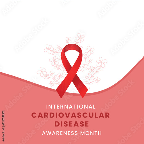 International Cardiovascular Disease Awareness Month banner layout featuring a red ribbon graphic and wave design for heart health educational campaigns.