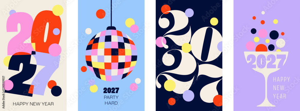 Fototapeta premium Four Happy New Year 2027 posters, stacked bold numerals, a disco ball and a champagne coupe. Bright party invitations and festive celebration templates