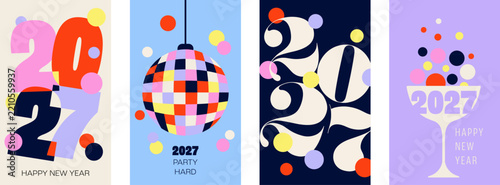 Four Happy New Year 2027 posters, stacked bold numerals, a disco ball and a champagne coupe. Bright party invitations and festive celebration templates