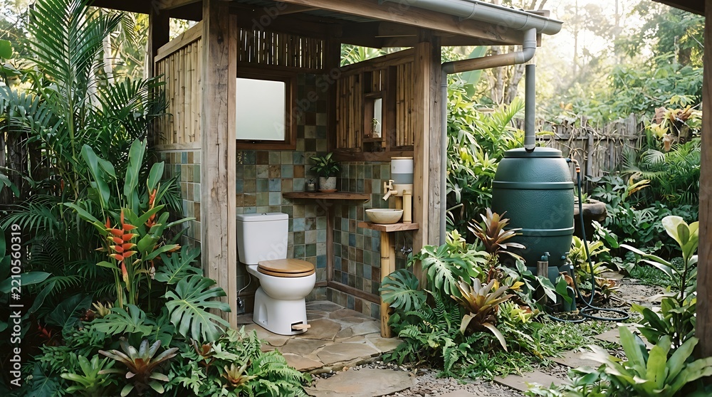 Fototapeta premium Eco friendly outdoor bathroom in lush tropical garden setting.
