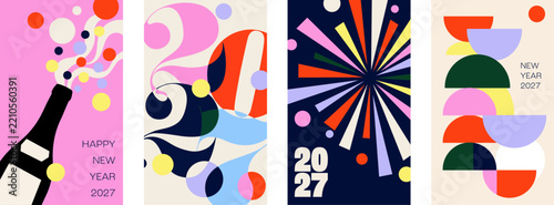 Happy New Year 2027 posters, a popping champagne bottle, numerals, a firework burst and stacked shapes. Bright festive celebration templates