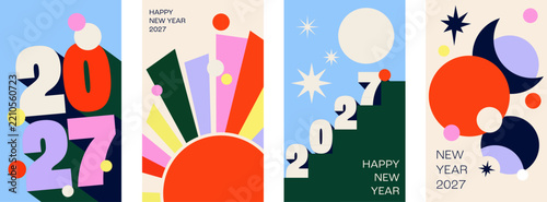 New Year 2027 posters, bold shadowed numerals, a rising sunburst, a staircase and moon phases. Bright festive greeting cards and new beginning templates
