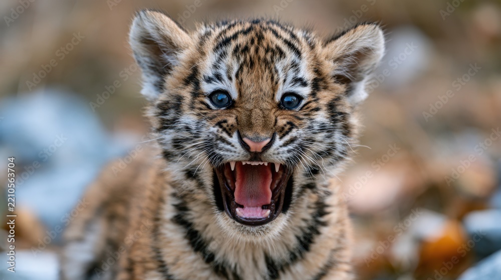 Fototapeta premium Close-up photograph of fierce young tiger cub growling with mouth open in natural outdoor setting with blurred background