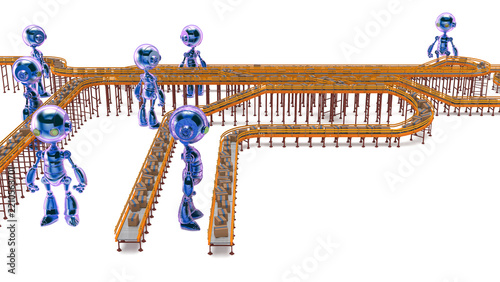 3D rendering of robotic warehouse workers inspecting and sorting packages at a modern distribution center on roller conveyor systems, automated logistics operators checking parcels during shipping
