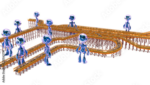 3D rendering of robotic warehouse workers inspecting and sorting packages at a modern distribution center on roller conveyor systems, automated logistics operators checking parcels during shipping