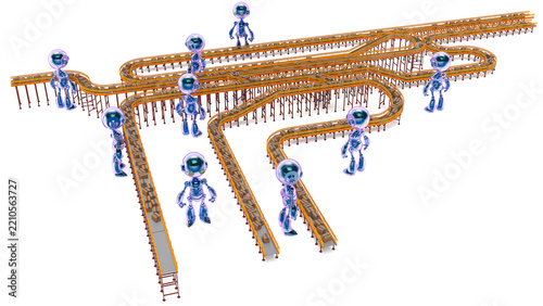 3D rendering of robotic warehouse workers inspecting and sorting packages at a modern distribution center on roller conveyor systems, automated logistics operators checking parcels during shipping
