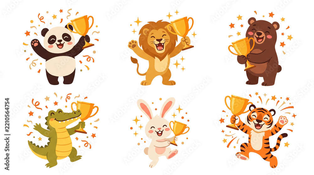 Obraz premium Set of Cute Cartoon Animals Celebrating With Trophies.