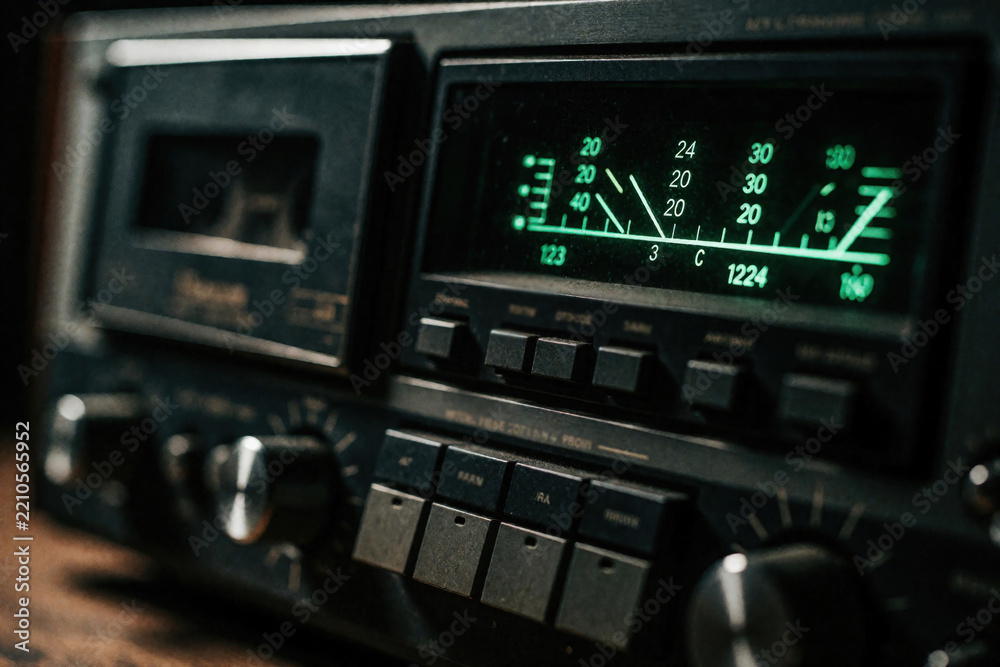 Fototapeta premium Vintage analog audio cassette deck with green glowing digital display. Retro hifi stereo player shows frequency levels on screen. Old school music equipment in dark room. Classic tape recorder used